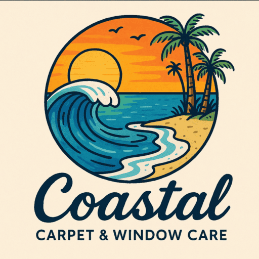 A beach scene with palm trees, ocean waves, and a sunset for Coastal Carpet & Window Care logo.