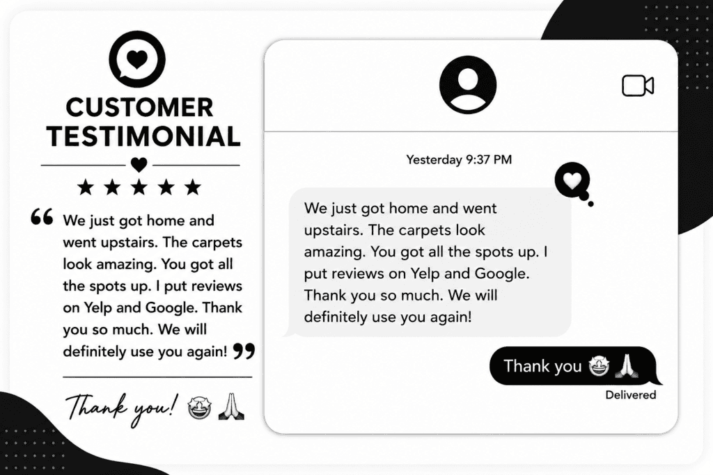 Carpet cleaning service customer testimonial image.