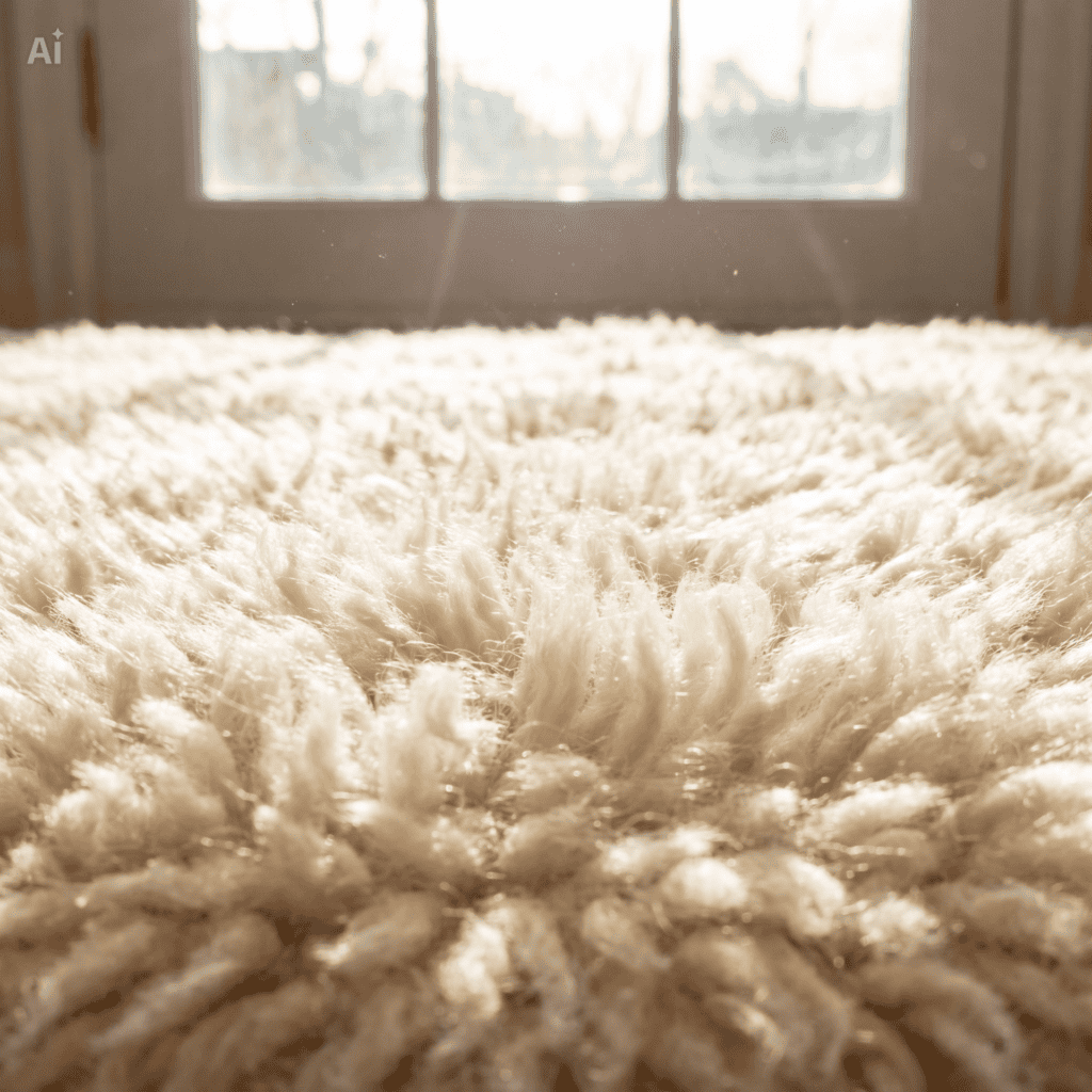 Soft, plush white carpet with sunlight streaming through large windows in the background.
